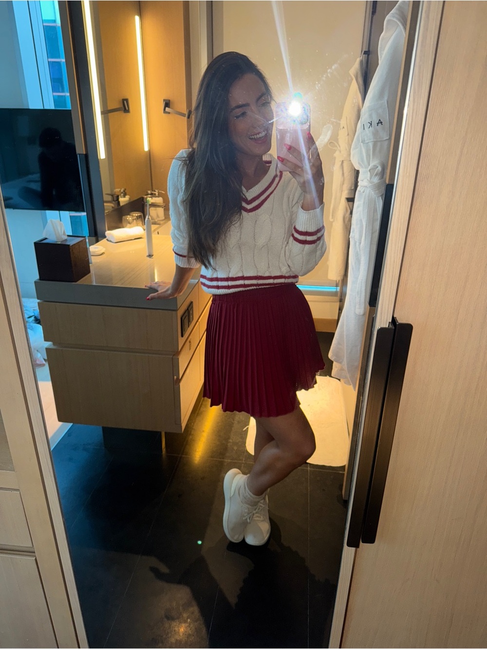 Preppy V Neck Sweater and Maroon Pleated Skirt Set XS